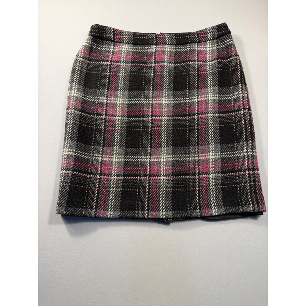 Kate Hill Petite Black Pink Plaid Wool Blend Mini Skirt Size 10P Tweed Lined